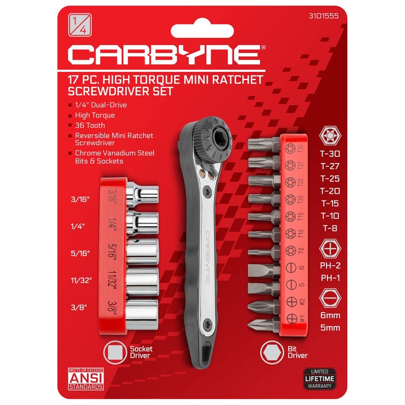 Carbyne 17-Piece Right Angle Offset Mini Ratchet Wrench Screwdriver, 1/4 Inch Dual-Drive Head | Bit Set & Sockets â€¢ From a Family-Run Tool Company Based in the U.S.A. - Image 1